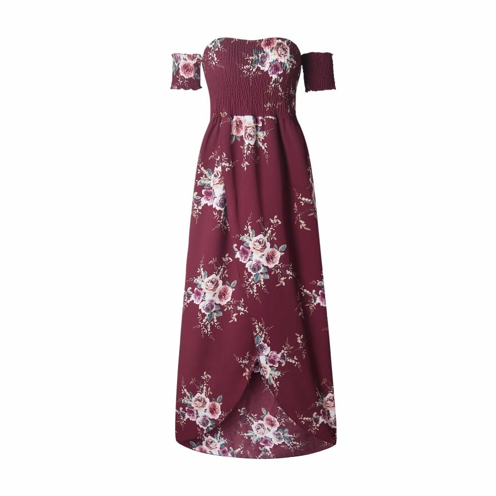 A maroon boho style long dress women featuring an off-the-shoulder neckline, floral pattern, and smocked bodice perfect for elegant occasions.