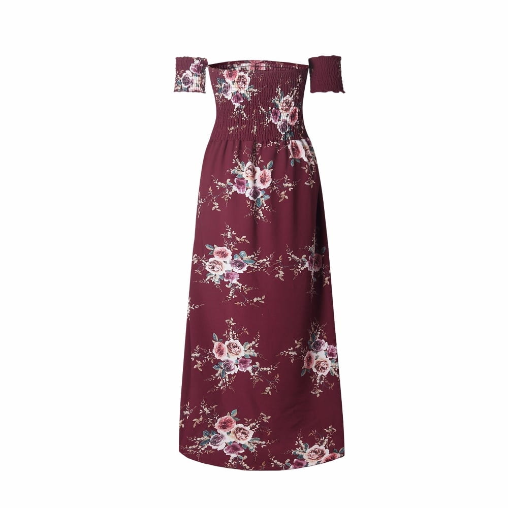 A maroon boho style long dress women floral off shoulder maxi dress with a smocked waistband and flowing fabric.