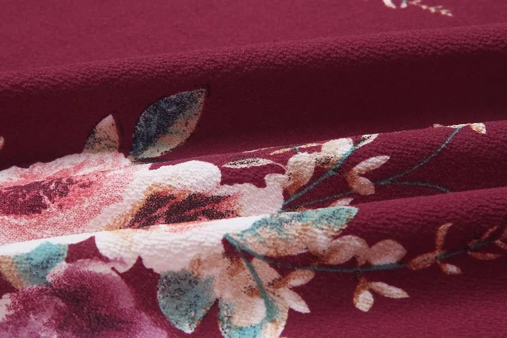 boho style long dress women floral off shoulder maxi featuring maroon fabric with soft textured weave and delicate cream blush pink teal and muted green blossoms