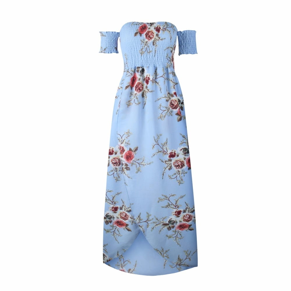 A light blue boho style long dress women featuring an off the shoulder design and a floral pattern with red and pink roses on soft flowing fabric.