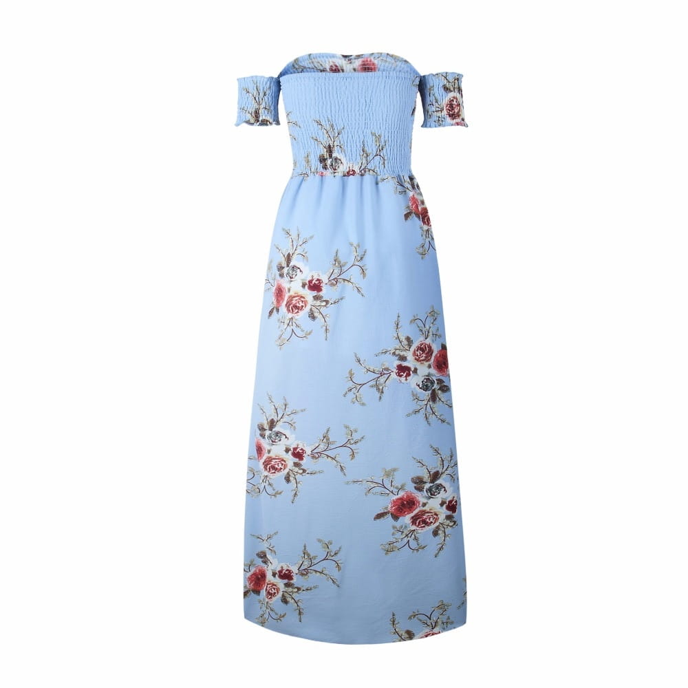 a light blue boho style long dress for women featuring an off shoulder design with a floral pattern of red and pink roses on soft flowing fabric