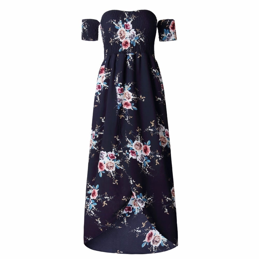 a navy blue boho style long dress for women featuring an off the shoulder design and a floral pattern with pink white and light purple roses on dark fabric