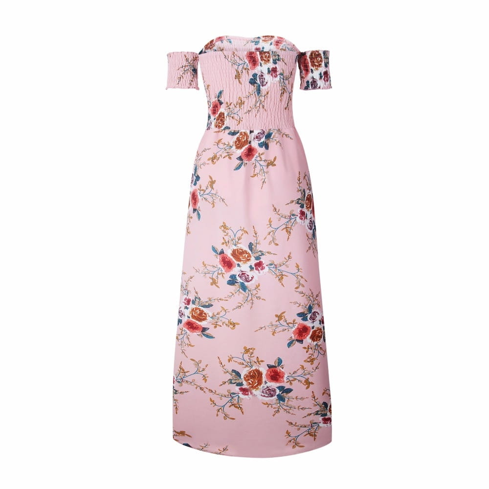 A soft pink boho style long dress women featuring a floral off shoulder maxi design with vibrant roses in orange red and blue.