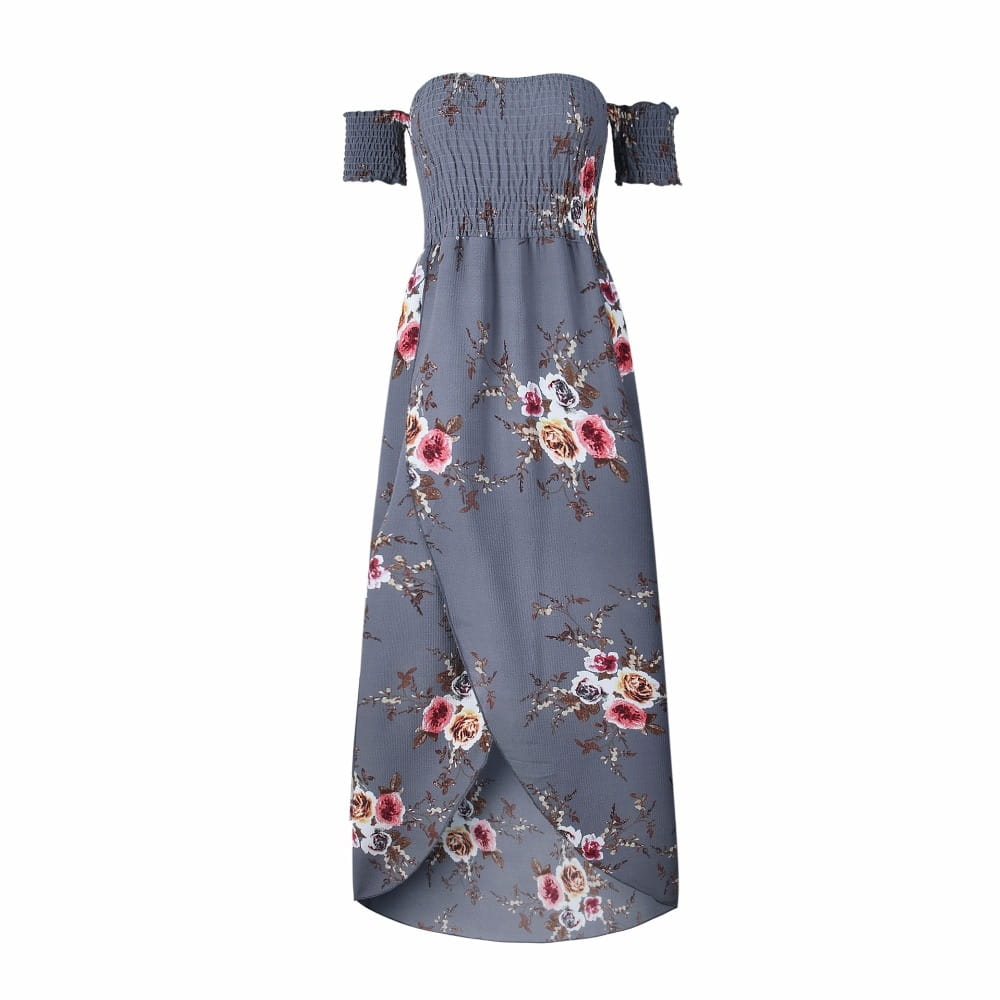 a gray boho style long dress women floral off shoulder maxi dress featuring pink white and brown blossoms