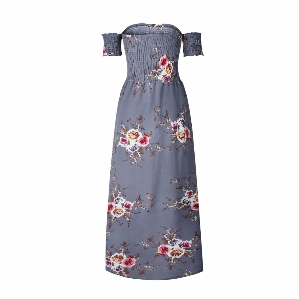 a gray boho style long dress women featuring an off the shoulder design with a floral pattern of pink white and beige roses on soft fabric