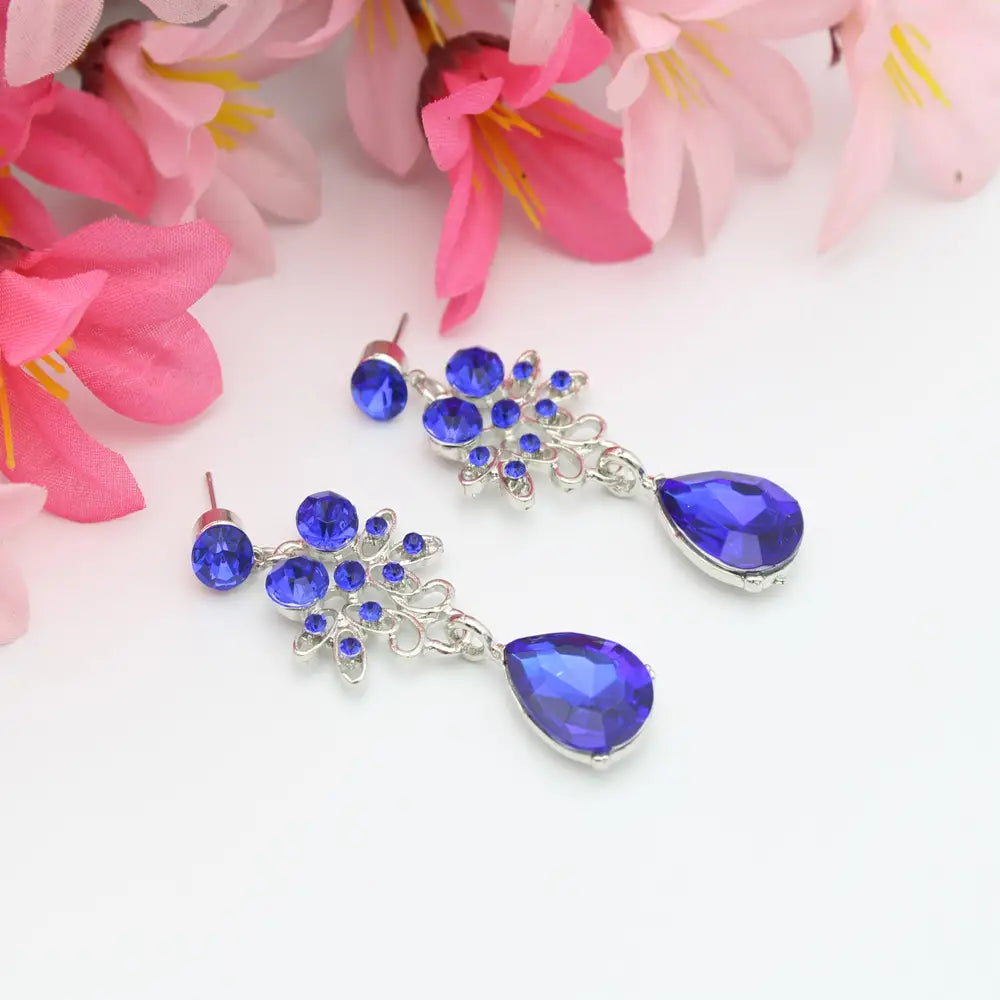 Elegant royal blue crystal drop earrings with silver-toned floral detailing from the butterfly big water drop crystal earring set.