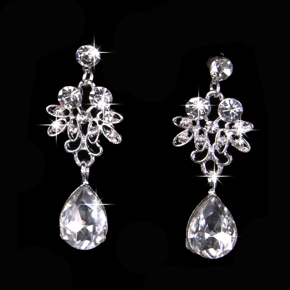 silver floral drop earrings adorned with clear crystals and a teardrop-shaped pendant from the butterfly big water drop crystal earring set