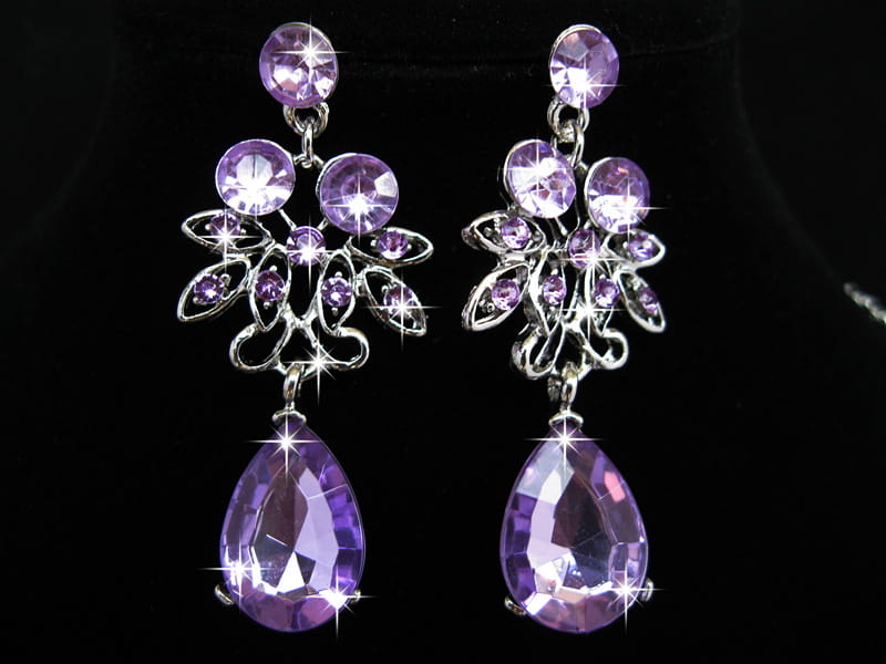 Elegant purple amethyst chandelier earring set with intricate silver filigree and dangling teardrop stones from the butterfly big water drop crystal collection.