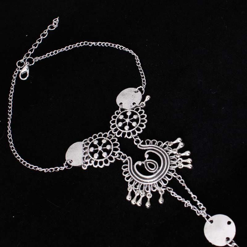 silver-toned bohemian jewelry antique flower foot chain featuring intricate filigree designs, circular medallions with central dots, and dangling teardrop charms in antique silver color