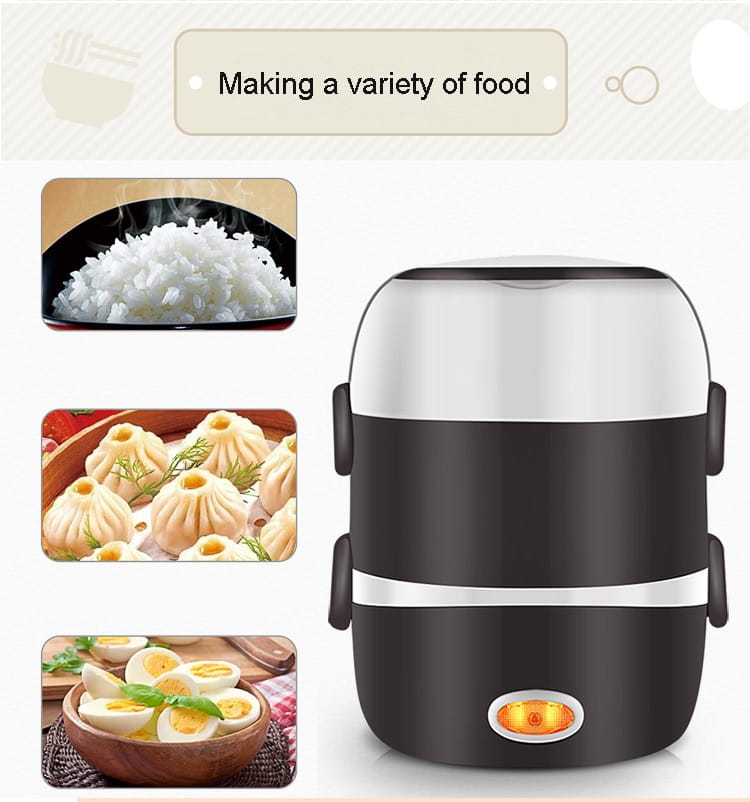 Black and silver two-tiered electric multi-function lunch box with a glowing orange power indicator for convenient heated meals.