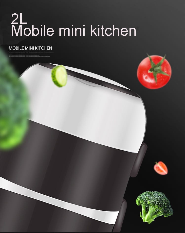 black and silver 2l electric multi-compartment multi-function lunch box with sleek modern design and mobile mini kitchen appliance features.