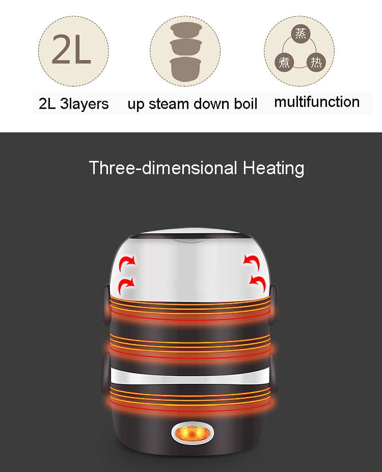 Stainless steel 2l multi-function lunch box electric rice cooker with three-tiered heating design and orange glowing heat indicators.