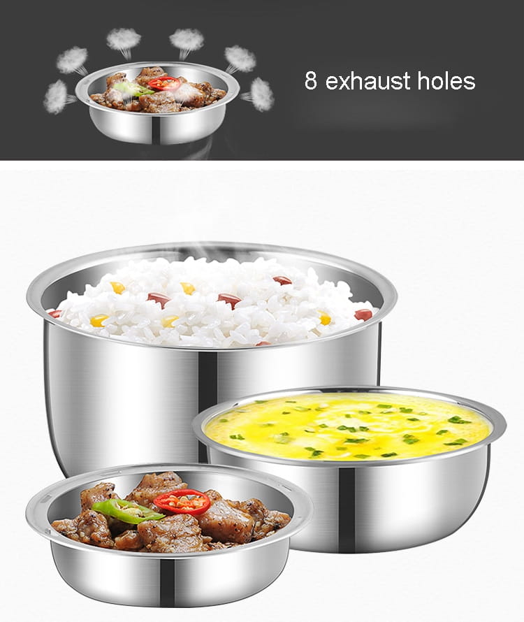 Set of three stainless steel nesting bowls with a shiny metallic finish and rounded edges for use in an electric multi-function lunch box.