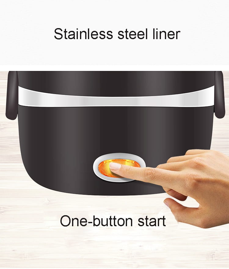 black electric multi-function lunch box with stainless steel liner and orange illuminated one-button start for convenient cooking and warming
