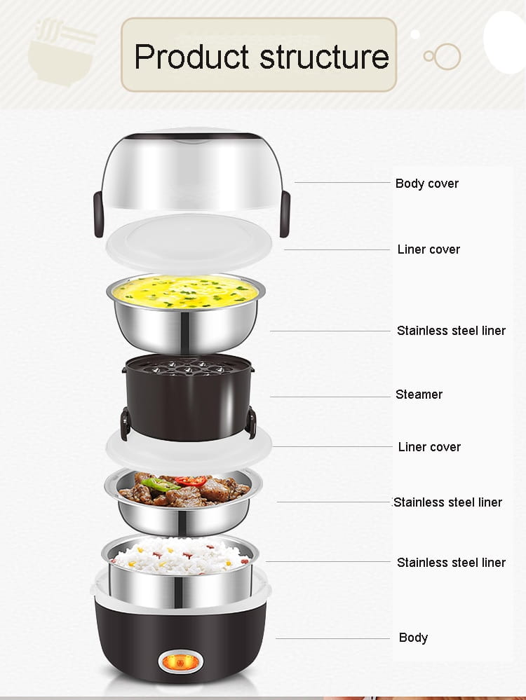 Stainless steel multi-compartment electric rice cooker with black base and silver lids designed as a multi-function lunch box for convenient meal preparation.