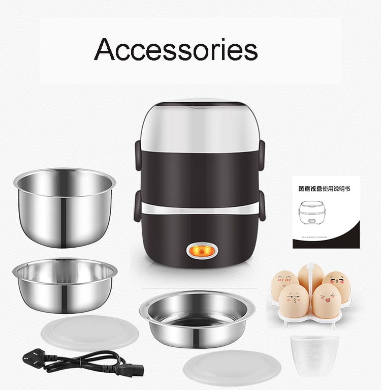 Black and silver two-tier electric multi-function lunch box with stainless steel bowls for versatile meal preparation and heating.