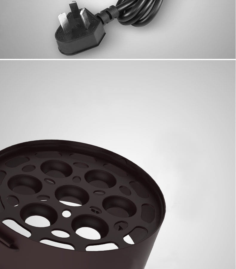 Black plastic power cord with three-prong plug and coiled cable for electric multi-function lunch box.
