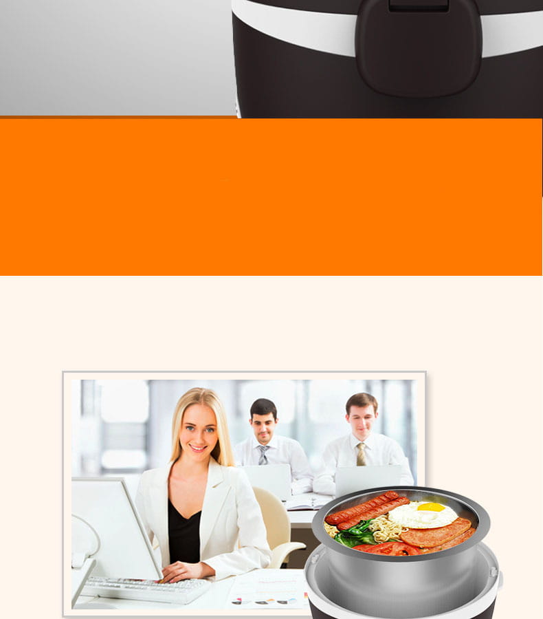 Black and white insulated electric multi-function lunch box with a sleek modern design featuring a secure lid and multiple compartments for versatile use.