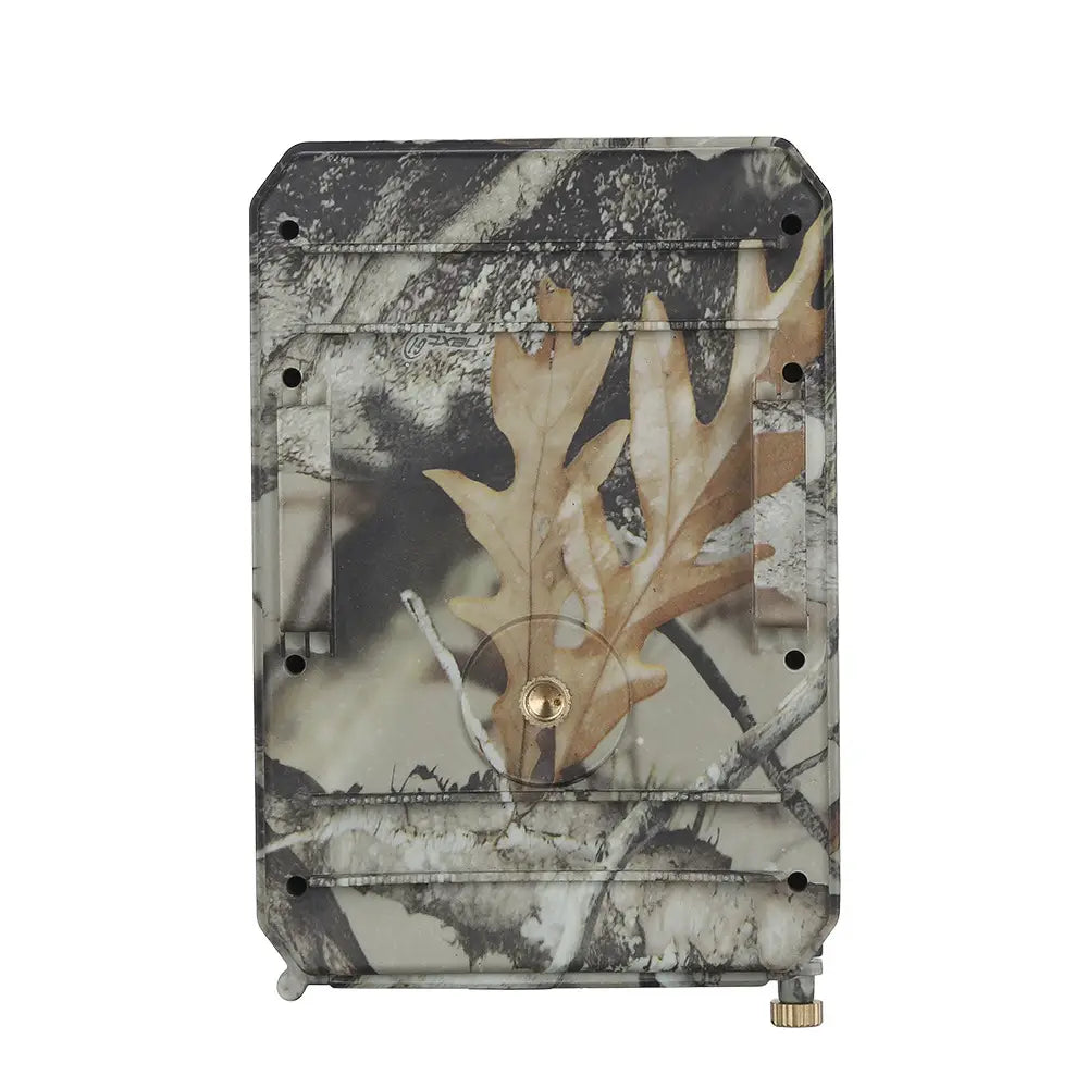 a waterproof 1080p trail camera with night vision featuring a rectangular shape and detailed oak leaves and tree bark camouflage pattern designed for outdoor use