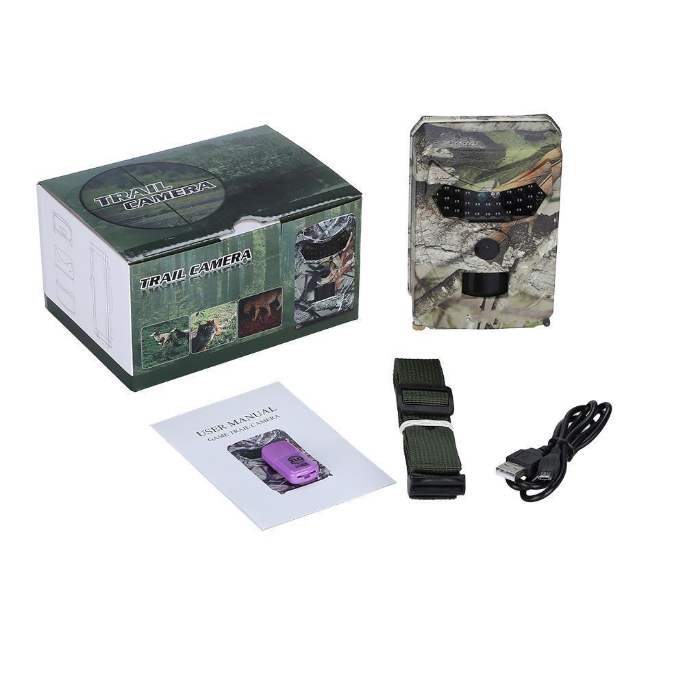 Camouflage-patterned waterproof 1080p trail camera with night vision, black strap, and usb cable for outdoor wildlife monitoring.