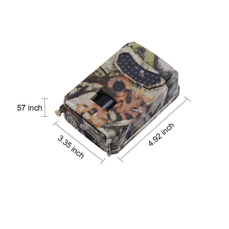 camouflage-patterned waterproof 1080p trail camera with night vision featuring a black lens and sensor array for outdoor monitoring.