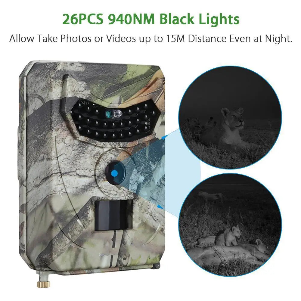 a rugged camouflage-patterned waterproof 1080p trail camera with a black lens and 940nm infrared lights for night vision use.
