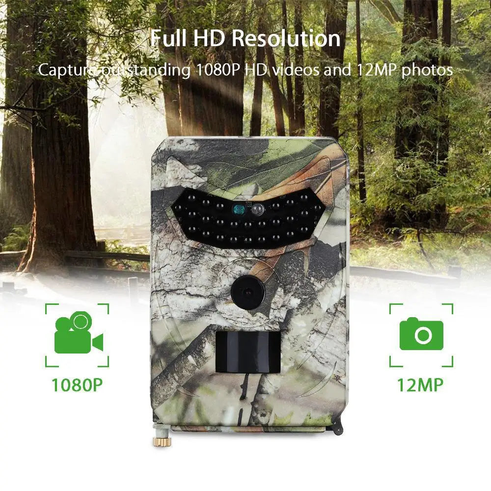 A compact rectangular waterproof 1080p trail camera with night vision featuring a camouflage pattern of green brown and gray foliage designed to blend into forest environments.