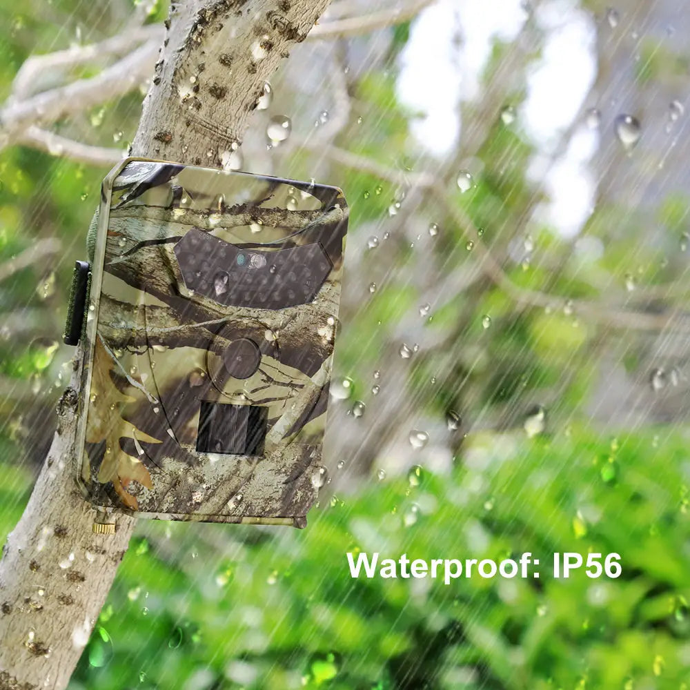 a rugged camouflage-patterned waterproof 1080p trail camera with night vision and a rectangular body featuring a dark lens cover