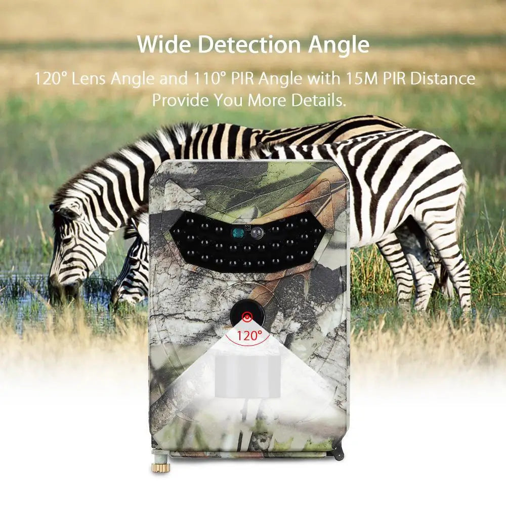 Waterproof 1080p trail camera with camouflage pattern, 120 degree lens angle, and pir sensor for night vision wildlife monitoring.