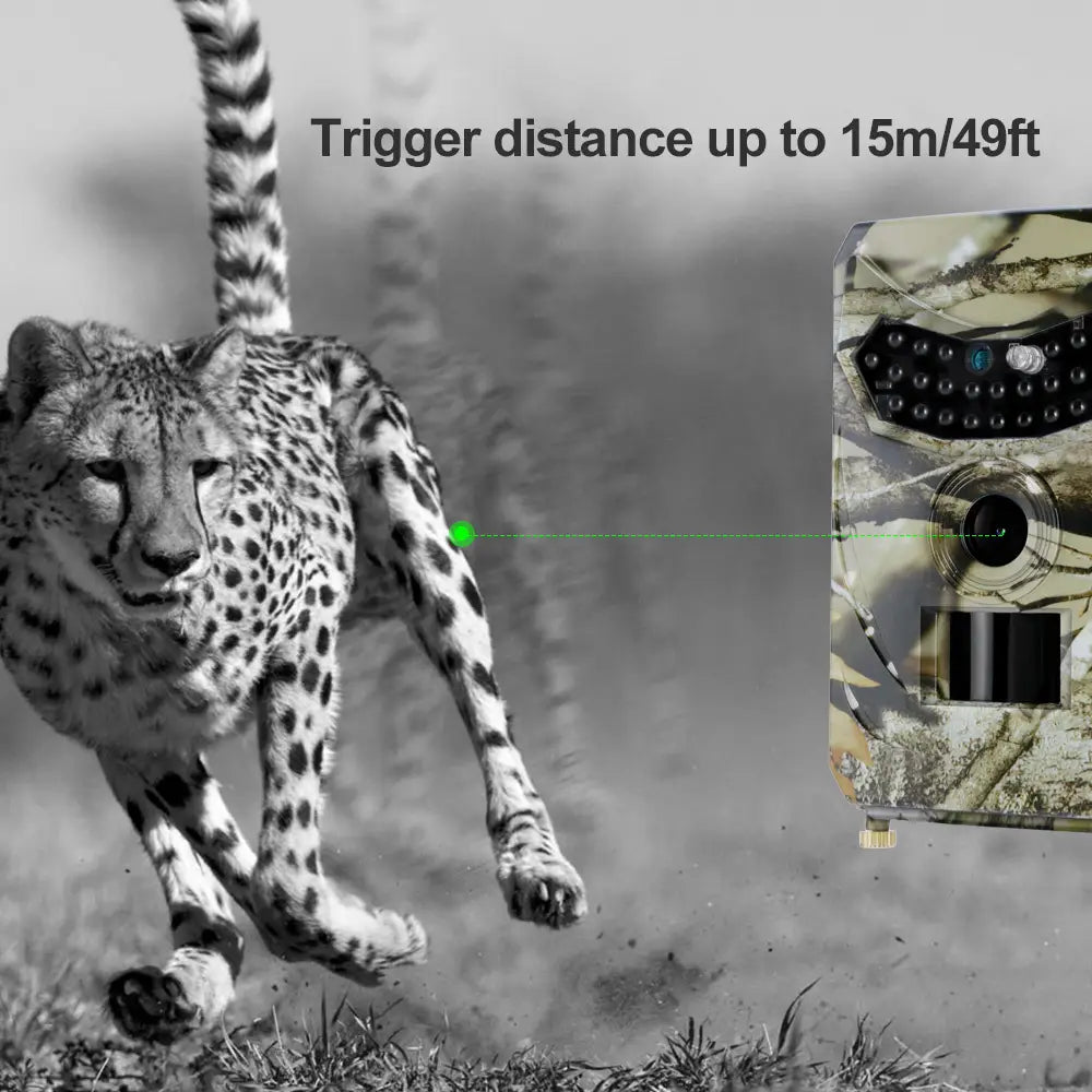 camouflage-patterned waterproof 1080p trail camera with black sensor array and night vision designed for wildlife photography.