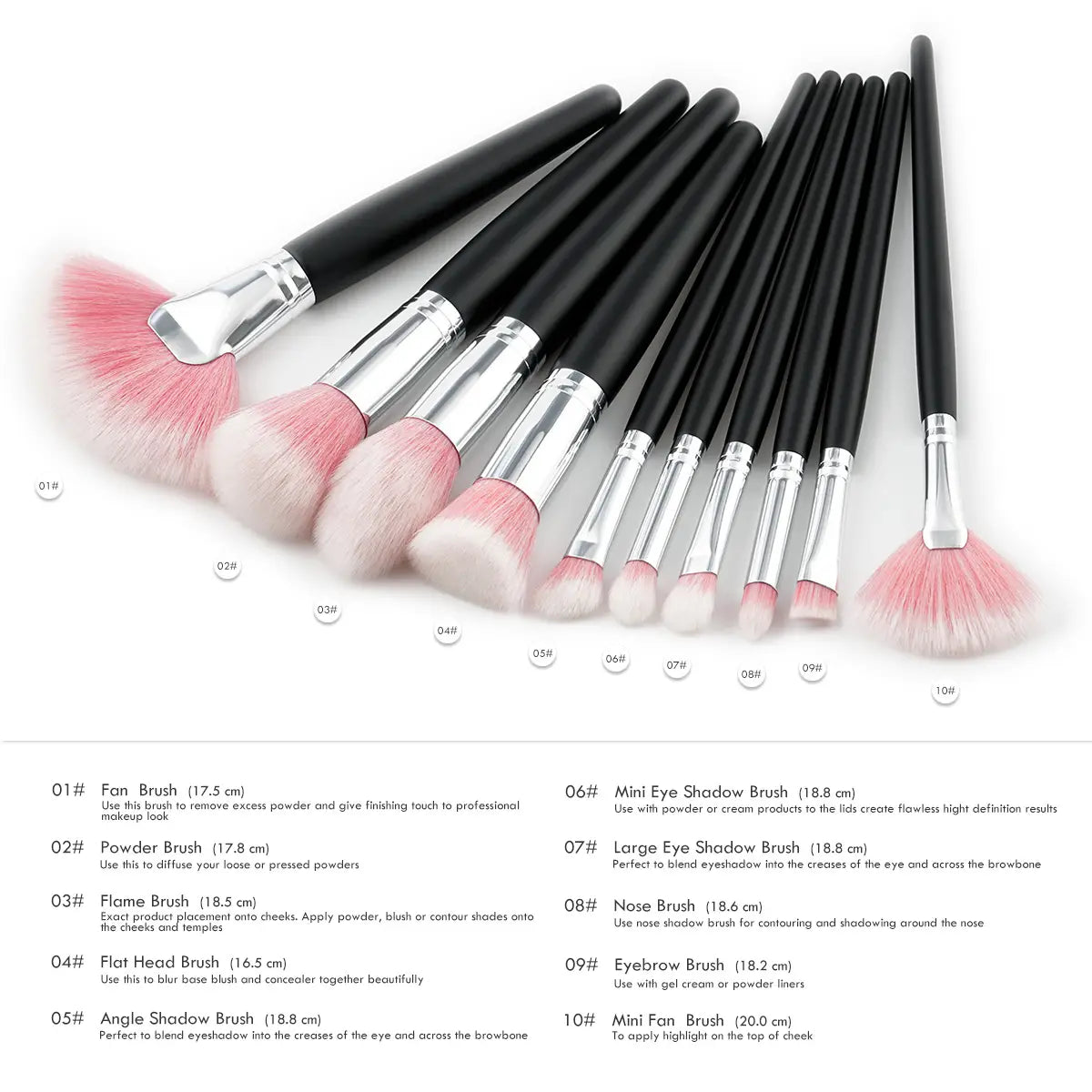 Set of ten makeup brushes with black handles silver ferrules and soft pink bristles featured in a 10 piece purple gradient makeup brush set.