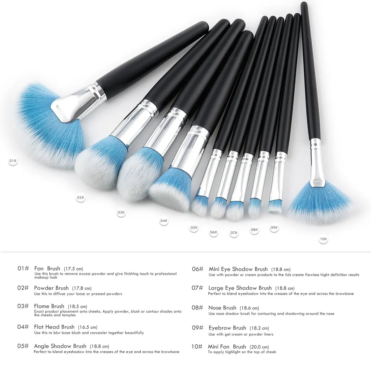 Set of ten professional makeup brushes with black handles, silver ferrules, and soft blue-tipped bristles in a 10 piece purple gradient makeup brush set.