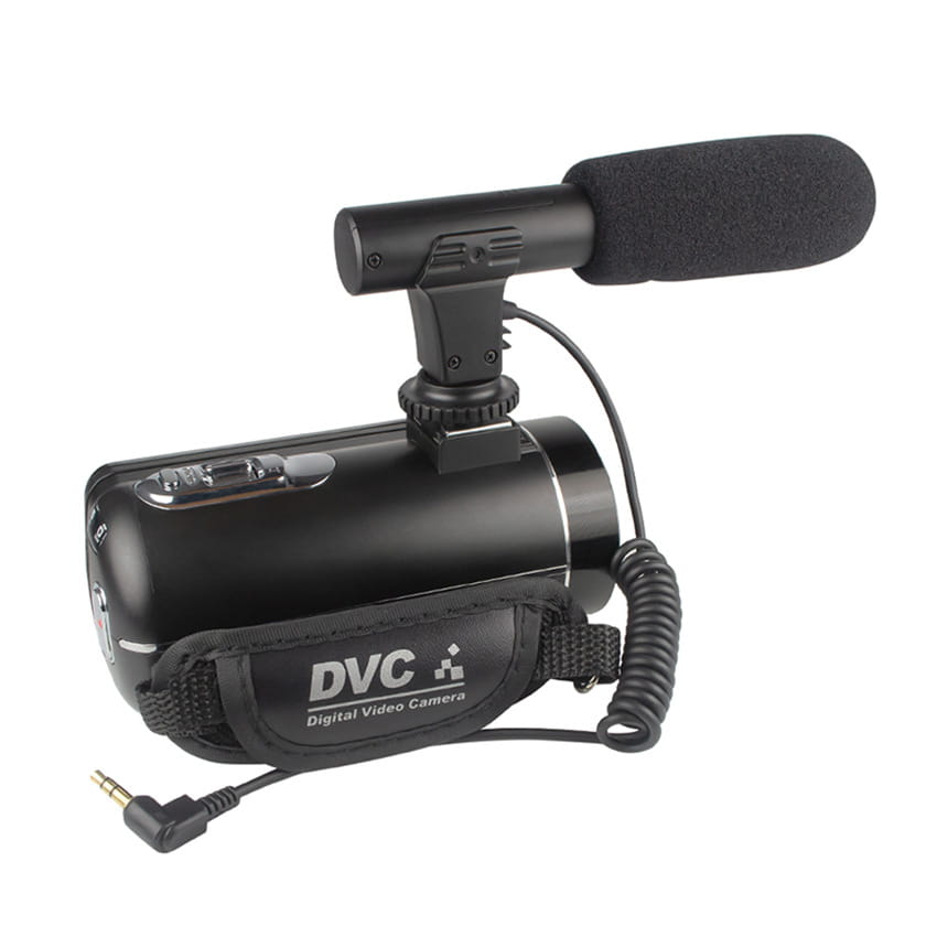 Black digital camera with flip screen and mounted microphone featuring a coiled cable from royale essence lux.