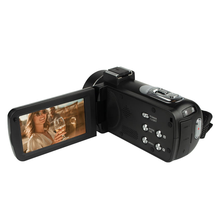 Black digital camera with microphone and flip screen showing the back side with an lcd screen displaying a woman holding a wine glass from royale essence lux.