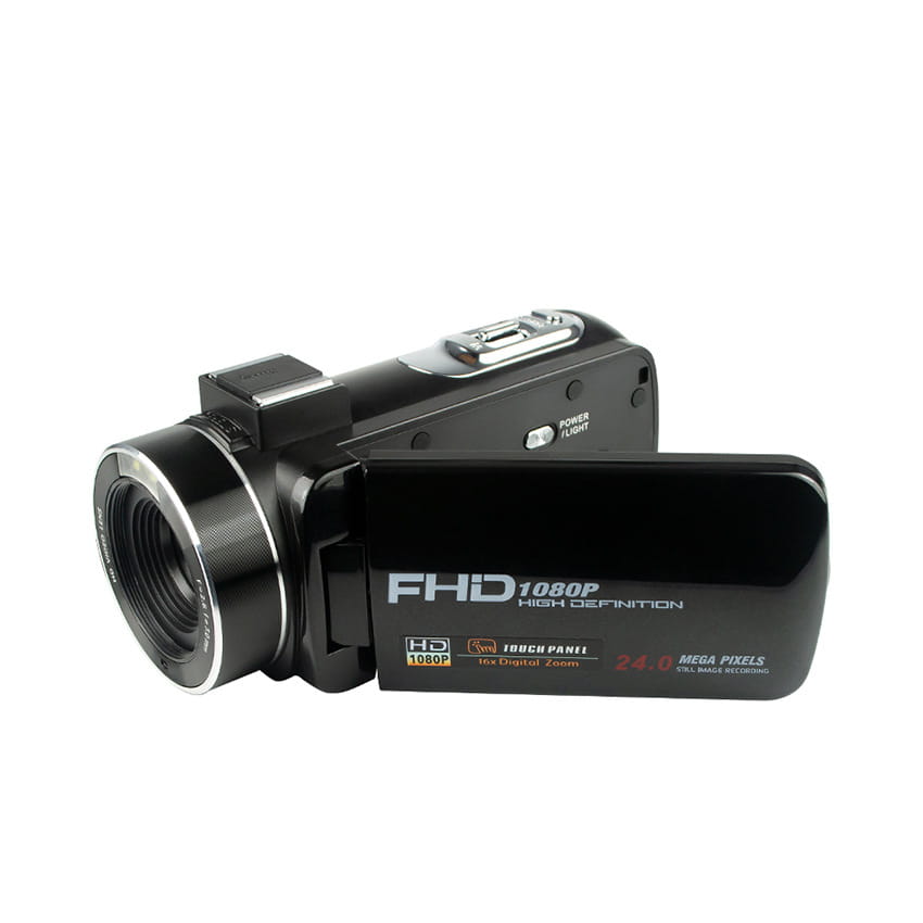 Black digital camera Royale Essence Lux with silver accents featuring an fhd 1080p touch panel screen and microphone in a flip screen design.