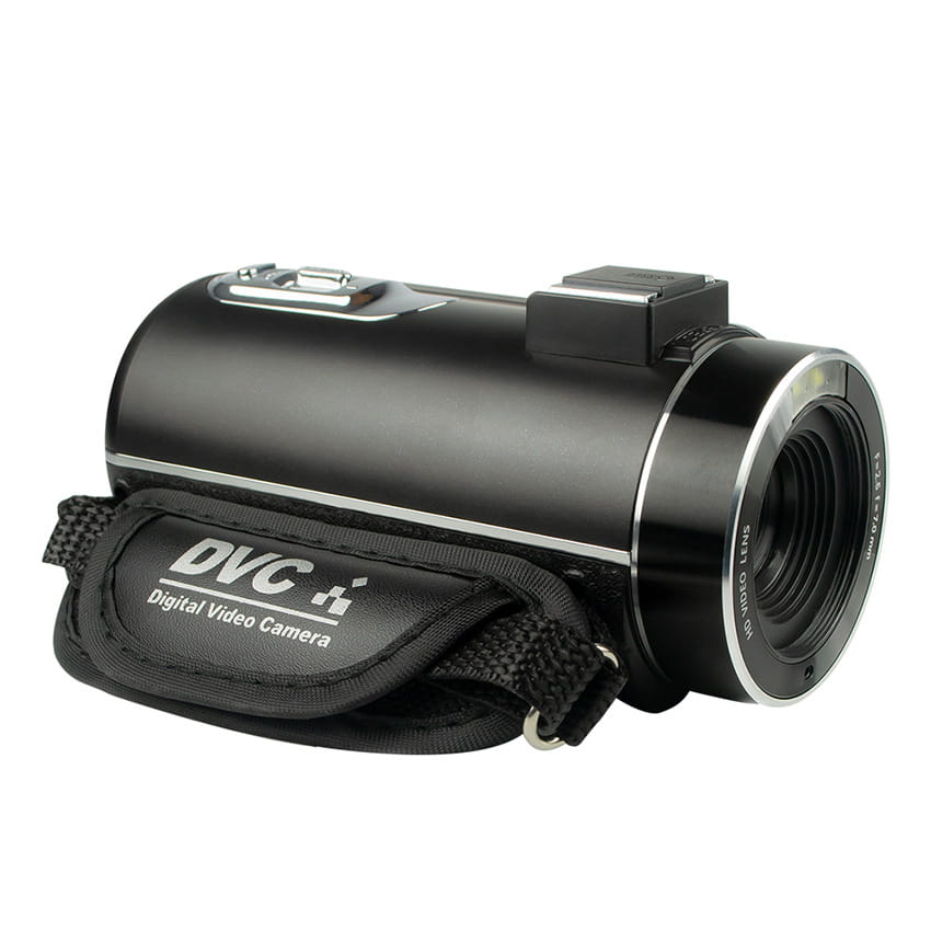 Black dvc digital camera with sleek cylindrical body silver accents around the lens featuring a microphone and flip screen from royale essence lux.