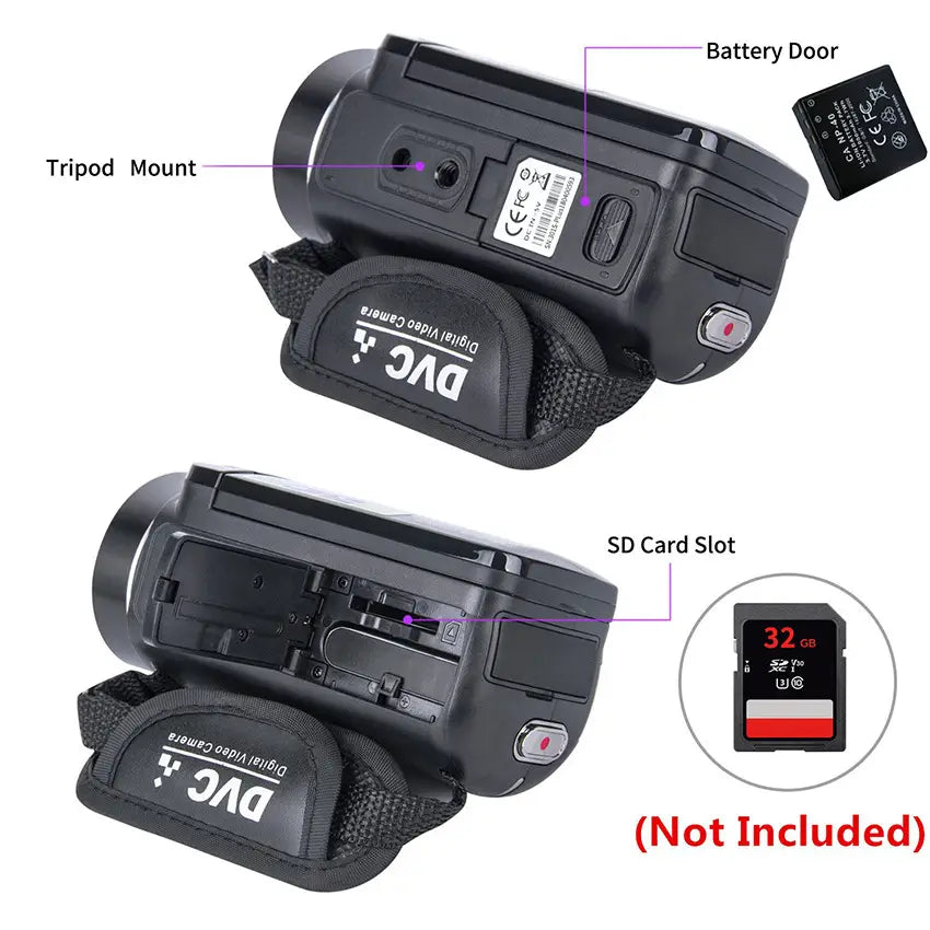 Black royale essence lux digital camera with a textured grip wrist strap microphone and flip screen designed for high definition video recording