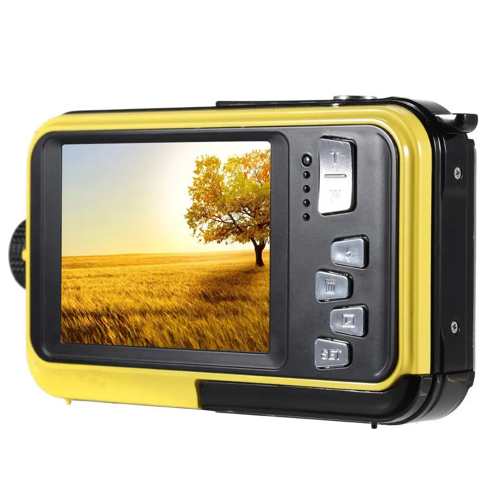 Yellow and black royale essence lux digital camera with rugged casing and waterproof hd digital dual screen design.