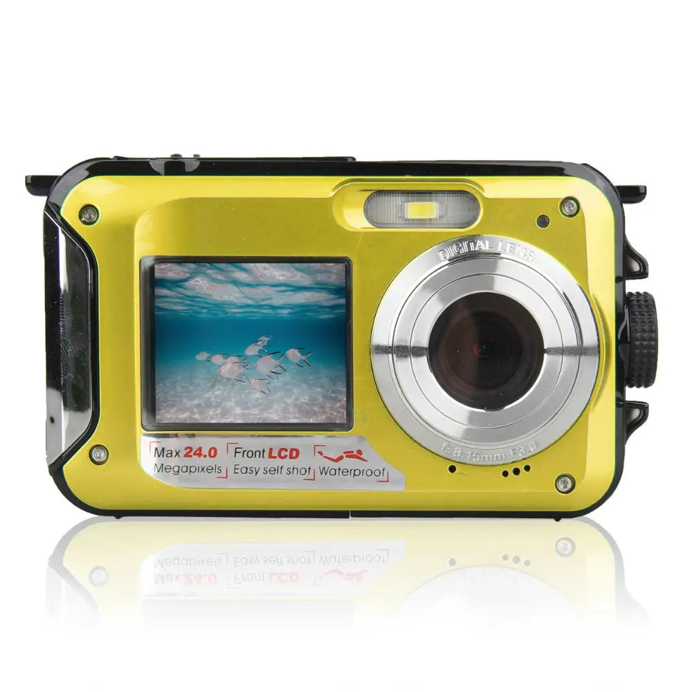 Bright yellow waterproof hd digital camera with a silver lens ring and black protective casing from Royale Essence Lux.