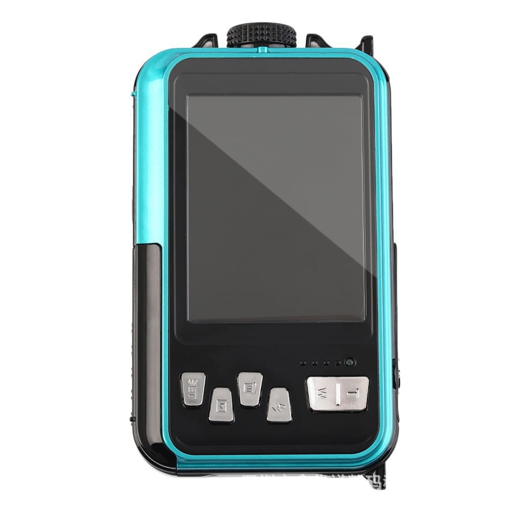 Teal and black rugged handheld dual screen waterproof hd digital camera with touchscreen, silver function buttons, textured top knob, designed for outdoor use from royale essence lux.