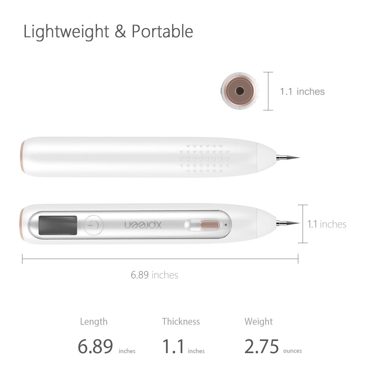White and silver xqjx brand portable wireless microcurrent laser beauty instrument pen with sleek ergonomic design and gear position display for wireless charging.