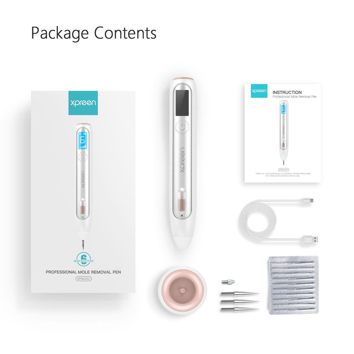 Silver and white xpreeen professional mole removal pen with textured grip and digital gear position display wireless charging laser beauty instrument.