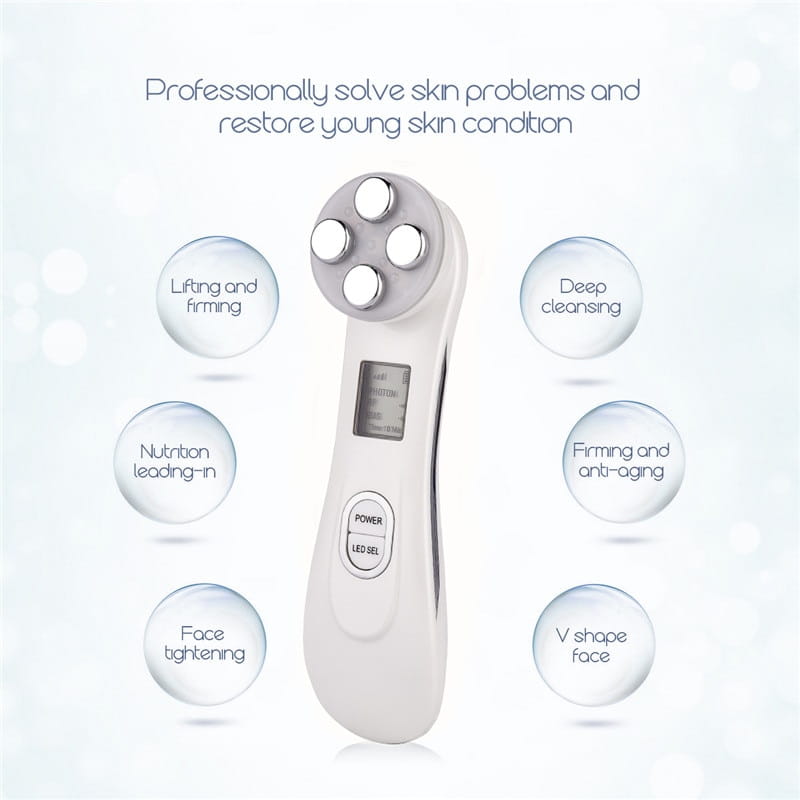 White handheld MR201WQ led photon skin rejuvenation beauty device with four circular treatment heads and a digital display for advanced facial skincare.