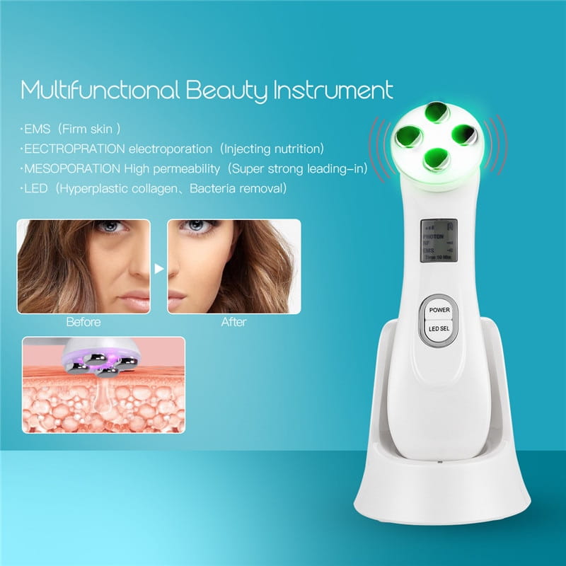 White handheld MR201WQ led photon skin rejuvenation beauty device with four green-lit treatment heads and a digital display for facial skincare.