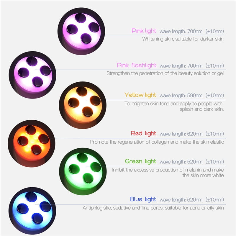 Set of six mr201wq led photon skin rejuvenation devices with black rims and dark central lenses each emitting distinct pink, yellow, red, green, and blue colored glows.