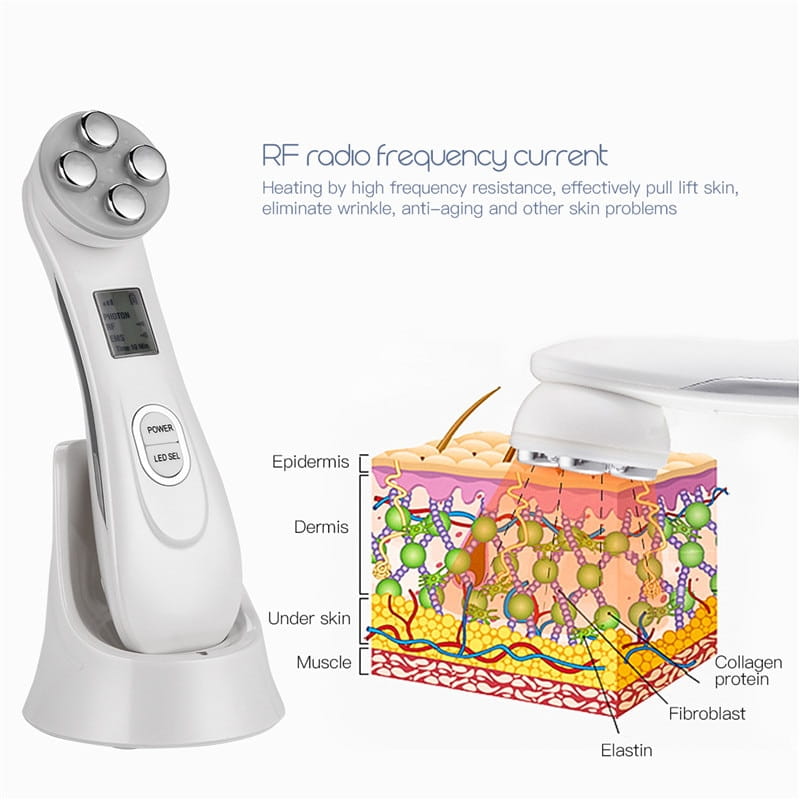 White rf radio frequency facial device mr201wq with four metallic treatment heads and a digital display for led photon skin rejuvenation and photon skin treatment.