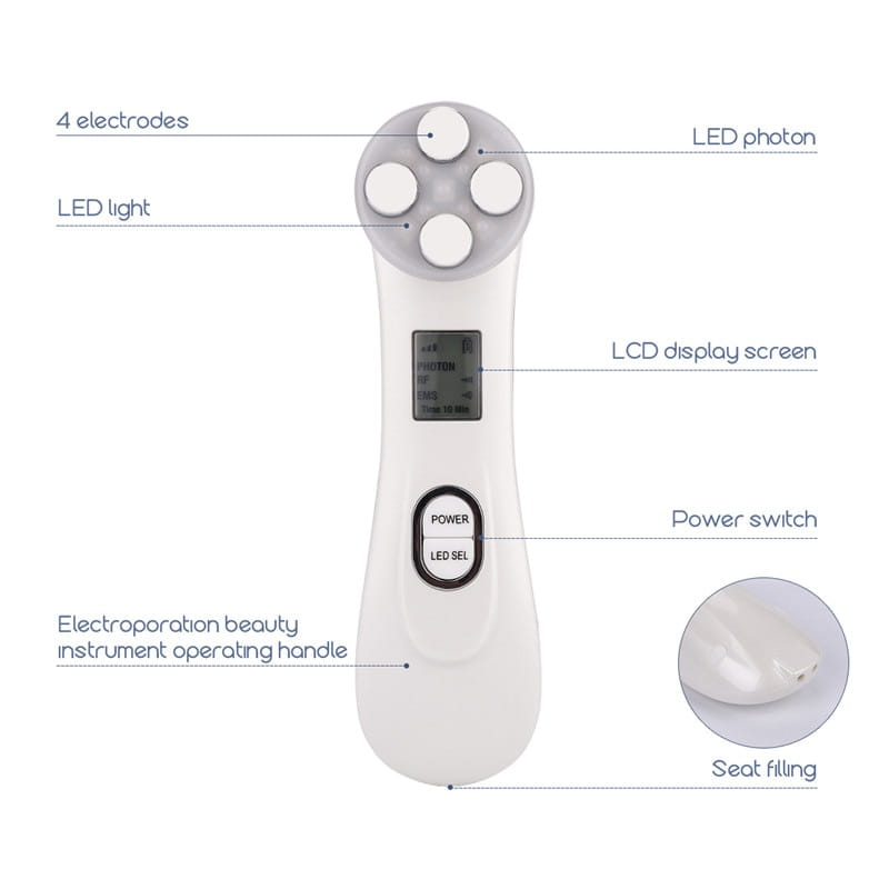 White handheld mr201wq LED photon skin rejuvenation beauty device with four circular electrodes and an LCD screen for facial treatment.