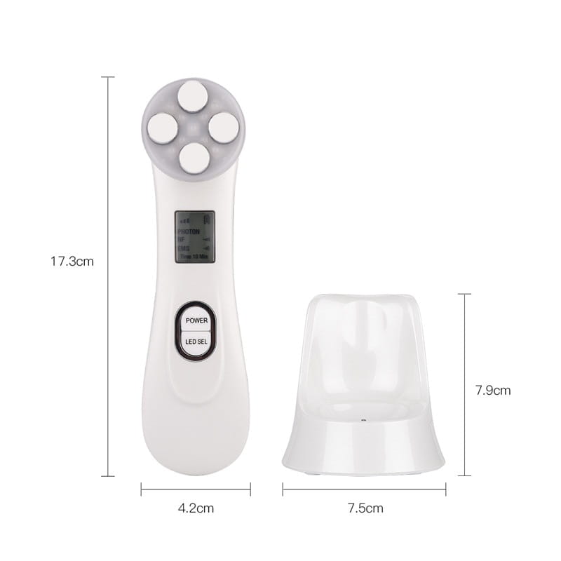white handheld mr201wq led photon skin rejuvenation beauty device with four circular treatment heads, digital display, power and led selection buttons designed for photon skin rejuvenation.
