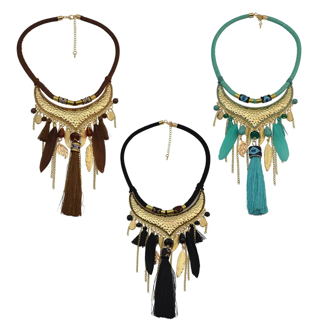 three bohemian-style statement turquoise gold feather leaf tassel necklaces featuring gold-toned hammered metal centerpieces adorned with coordinating brown, black, and teal feathers and tassels, showcasing original jewelry feather design.