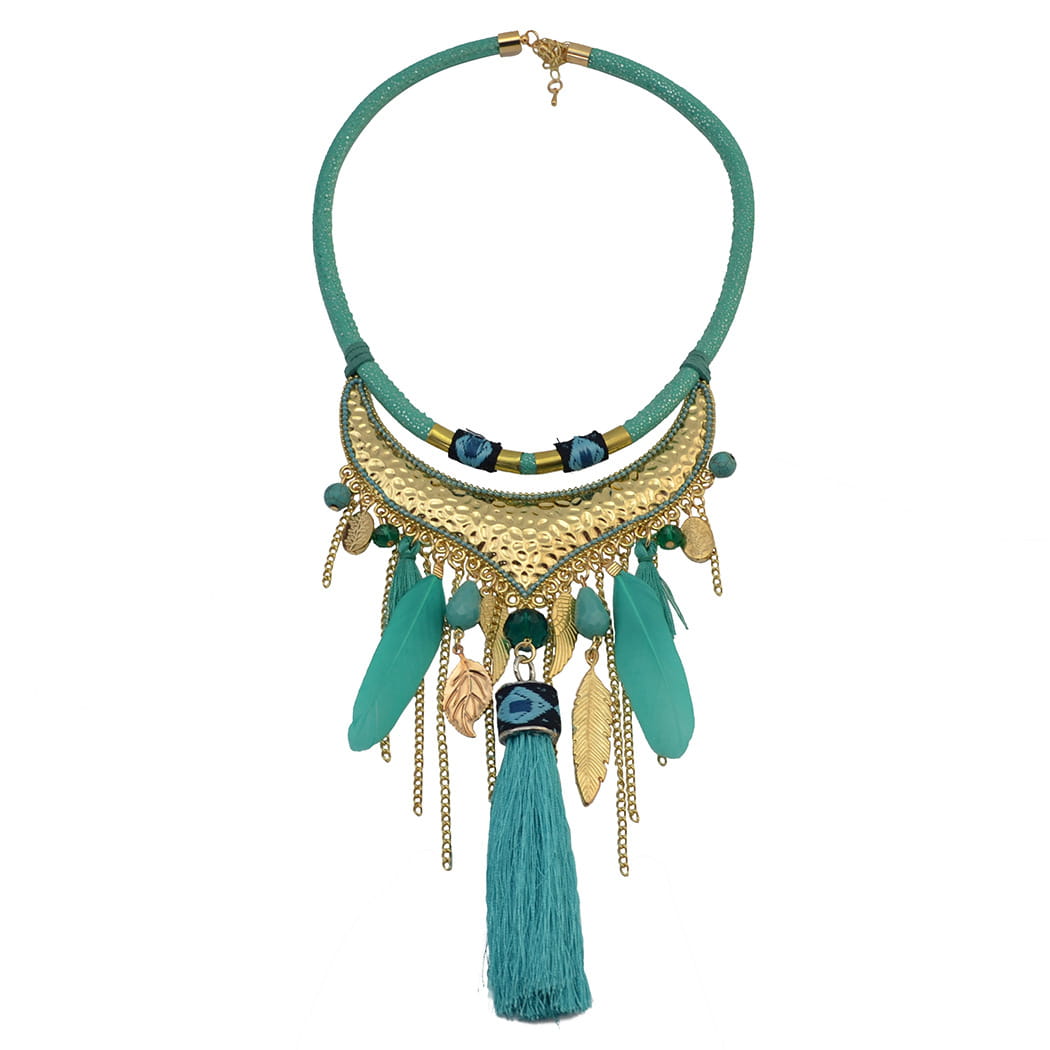 Turquoise gold feather leaf tassel necklace featuring teal and gold bohemian style with layered metallic accents, dangling turquoise feathers, green beads, and leaf-shaped charms in original jewelry feather design.
